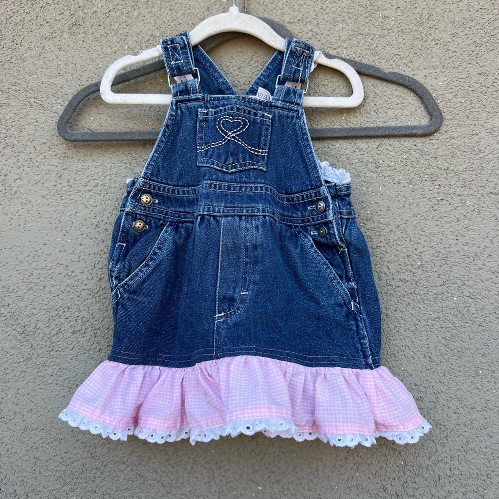Vintage disney denim overall dress babygirl size 12 months embroidered w ruffle